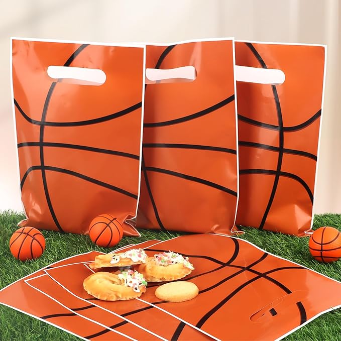 50 Pieces Basketball Gift Bags with Handle, Plastic Treat Candy Bag Sport Favor Bags For Kids Birthday Party Decoration Supplies
