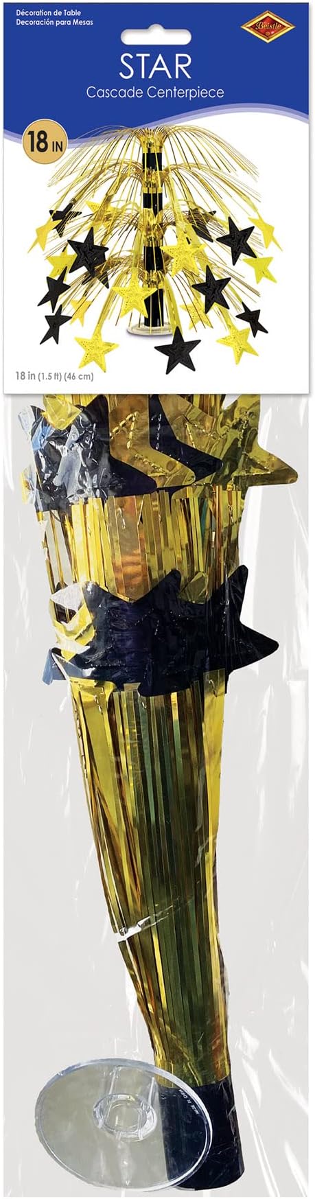 Beistle Star Cascade Centerpiece – Metallic Gold and Black Fringe Table Decoration with Hanging Cord, Clear Base, New Year’s Eve Décor, Graduation Celebration, Awards Night VIP Party Accent, 18"