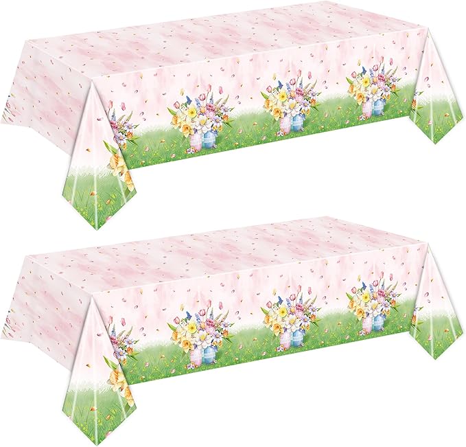 Floral Tablecloth, Pink and Green Garden Design, 2 Pack, Disposable Party Table Covers