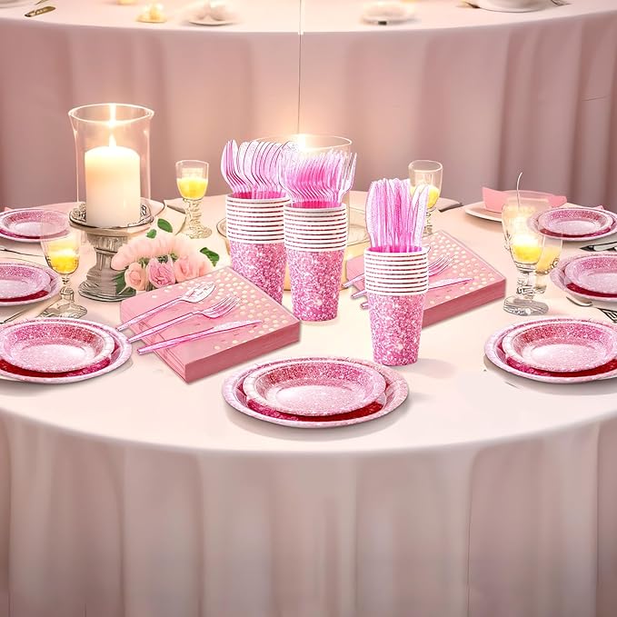 Hushee 350 Pcs Pink Holographic Print Party Supplies Guests Disposable Dinnerware Set Include Paper Plates, Napkins, Cups, Plastic Cutlery for Wedding Birthday Disco Bachelorette