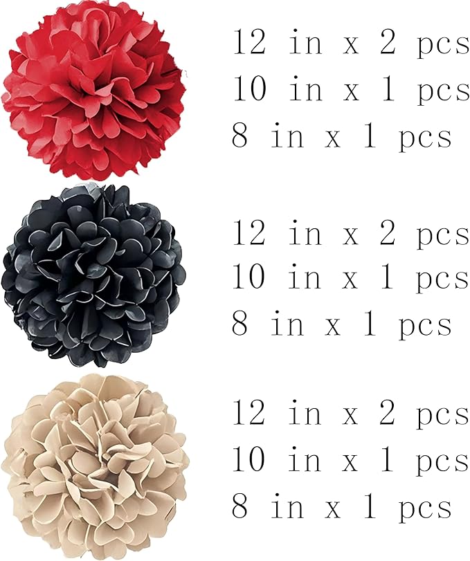 Tissue Paper Pompoms Paper Flower 12 Pcs ，Gold Red and Black, Paper Flower Ball for Birthday Party Baby Shower Bridal Shower Celebration Party Decoration