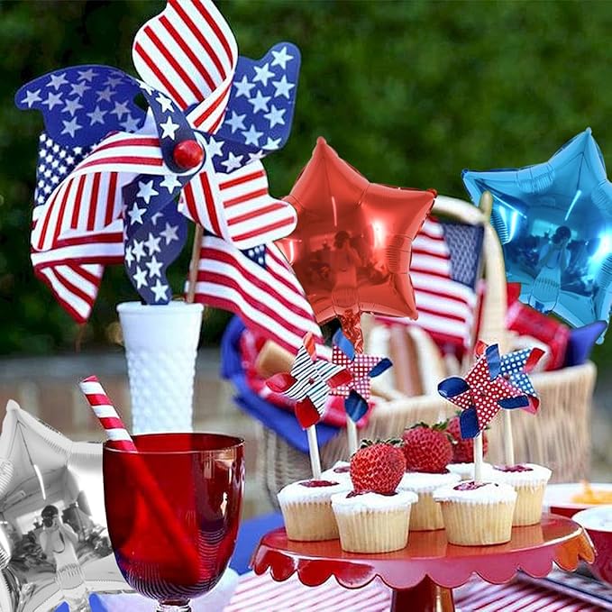 TONIFUL 24Pcs 18 Inch Red Blue Silver Star Balloons 4th of July Patriotic Star Shape Foil Balloon for Patriotic Party Supplies Independence Day Labor Day Birthday Party Decoration