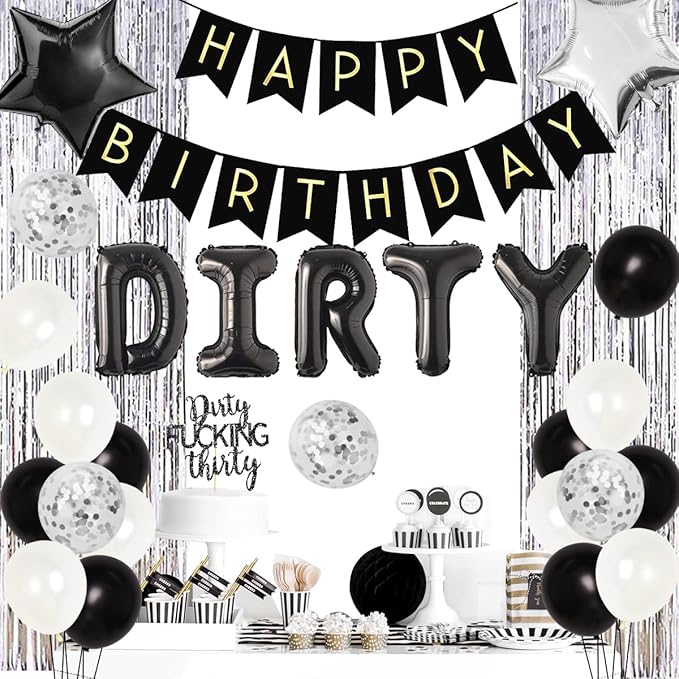 30th Birthday Party Decorations Silver and Black, Dirty Thirty Banner Balloon Dirty 30 Sash Cake Topper for for Her Him 30 Years Old Birthday Party Supplies