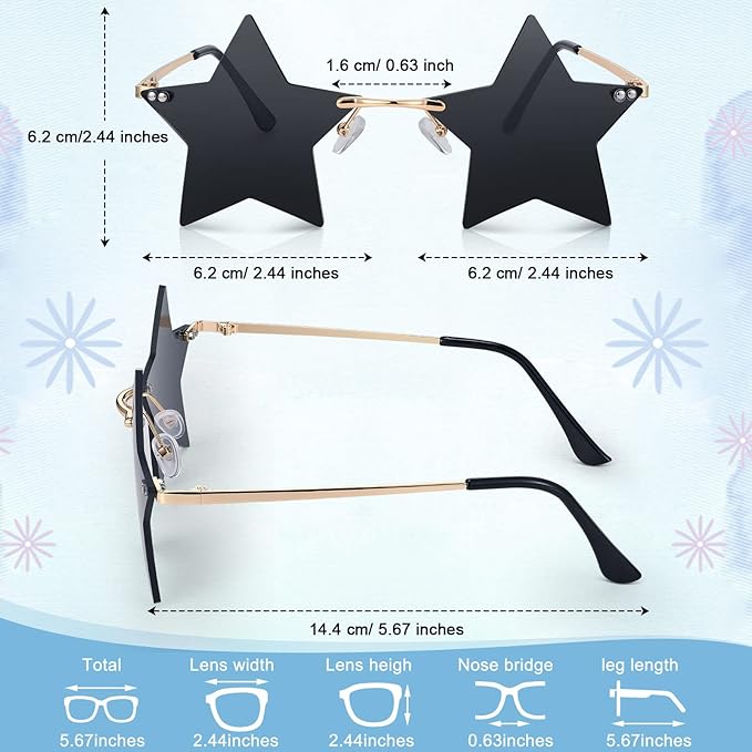 Konohan 6 Pairs Rimless Star Shape Sunglasses Disco Glasses Pentagram Sun Glasses for Women Men Bar Party Supplies Eyewear