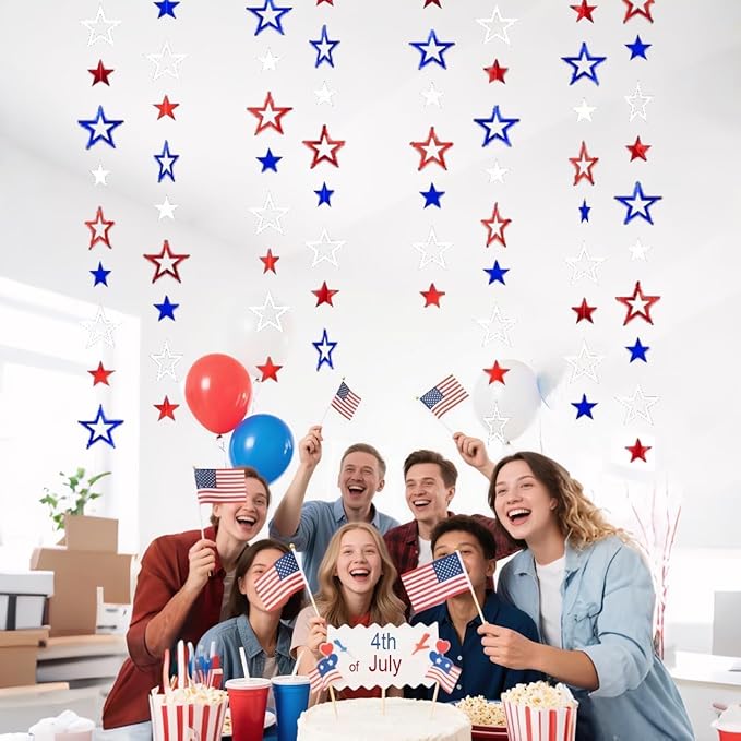 Patriotic Star Streamers Banner Garland Glitter for 4th of July BBQ Memorial Day 250th Anniversary Party Glossy Independence Day Celebration Labor Day Decorations Red White Blue 1 Strand 157.5In