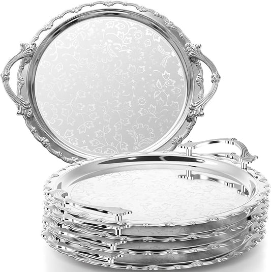 4 Pcs Silver Serving Tray with Handles Elegant Victoria Floral Engraved Metal Platters Large Decorative Trays for Buffet,Wedding Party, Jewelry Display, Service (Round,Slive)