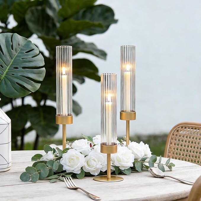 Glass Hurricane Candle Holders Set of 6,Brass Candlestick Holders,Taper Candlestick Holders,Elegant Dining Table Centerpiece for Wedding, Christmas & Home Decor-Ribbed
