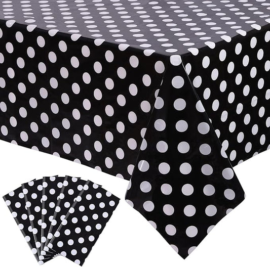 Kesfey 5 Packs Black and White Dots Table Cloth 54x108 Inch Black Polka Dot Mini Mouse Plastic Table Cloth Disposable Black Waterproof Picnic Table Covers for Rectangle Tables Halloween Birthday Party