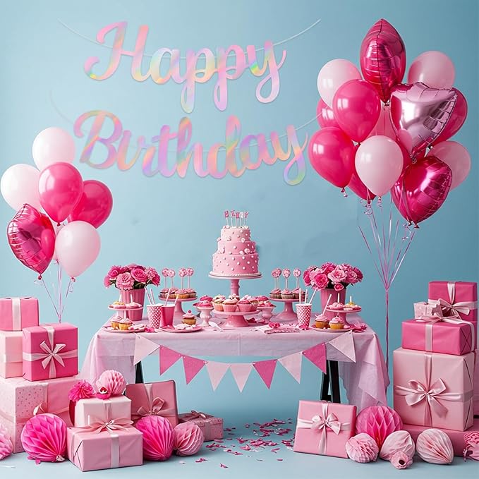 BEISHIDA Double-Sided Rainbow Pink Happy Birthday Banner - NO DIY,10Feet,Pre-Strung Birthday Party Decorations Birthday Backdrop Sign Garland Happy Birthday Decorations for Women