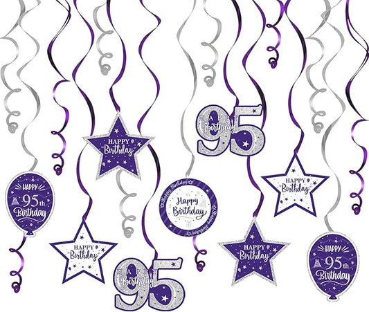 Happy 95th Birthday Purple & Silver Glitter Swirls Streamers Party Decorations - 15 Pcs 95th Birthday Hanging Swirls Streamers Kit,Perfect for 95th Bday Party Sign.