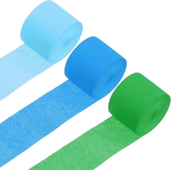 MECCANIXITY 3 Roll 246 ft Crepe Paper Streamers, Wedding Decoration Streamers Party Decoration for Wedding Valentine's Day Festival Backdrop, Green,Sky Blue,Light Blue