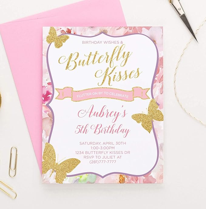 Modern Pink Paper Personalized Butterfly Birthday Invitations for Girls, Your choice of Quantity, Age, Info and Envelope Color
