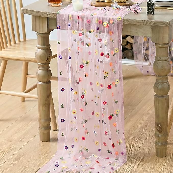Artoid Mode 3PCS Pink Embroidery Daisy Gauze Table Runner 120 Inch 10FT, Seasonal Sheer Kitchen Dining Holiday Wedding Birthday Table Decor for Home Party