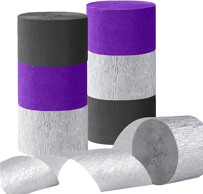 CC wonderland zone 6 Rolls Black Silver and Purple Crepe Paper Streamers for Wednesday Birthday Party Decorations