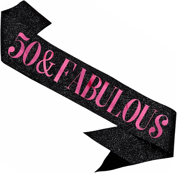 50 & Fabulous Sash, Funny 50th Birthday Sash for Women 50th Bday Party Photo Prop Favors Suppiles, Pink Foil Letter, Glitter Black