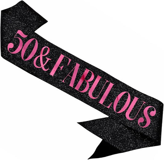 50 & Fabulous Sash, Funny 50th Birthday Sash for Women 50th Bday Party Photo Prop Favors Suppiles, Pink Foil Letter, Glitter Black