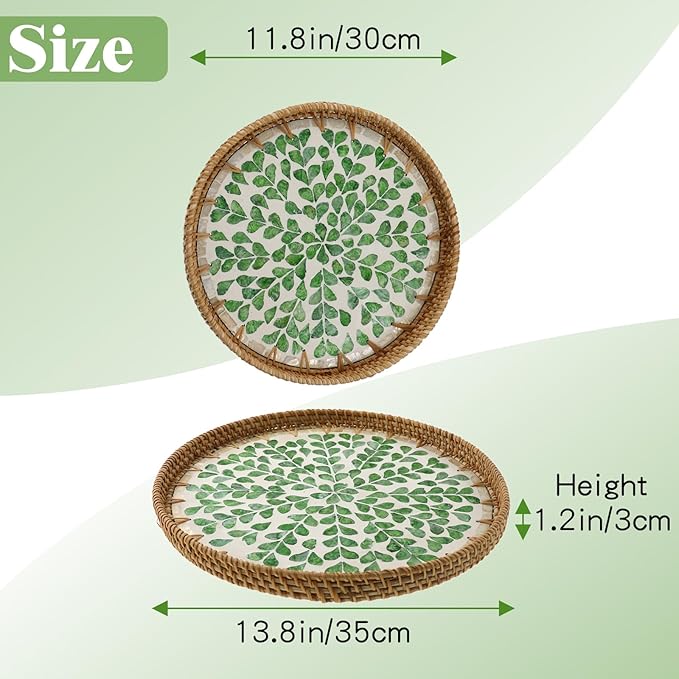 Round Rattan Tray with Mother of Pearl Inlay, Handwoven Wicker Coffee Table Serving Basket Tray for Fruit Snack Party Picnic Cafe Bedroom Kitchen Home Decor Set of 2 (Green Wicker)