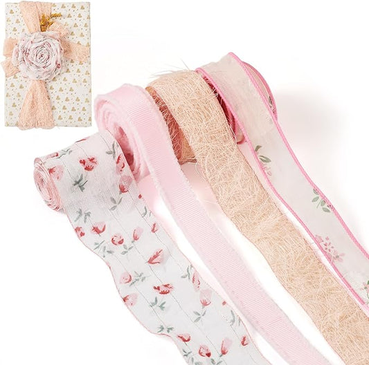BB Beadthoven 8 Yards Floral Printed Silk & Polyester Ribbon Set for Gift Wrapping, Wedding Invitations, Bridal Bouquets, Hair Bows & More - Vintage Silk Ribbon in Floral Color for Formal Occasions