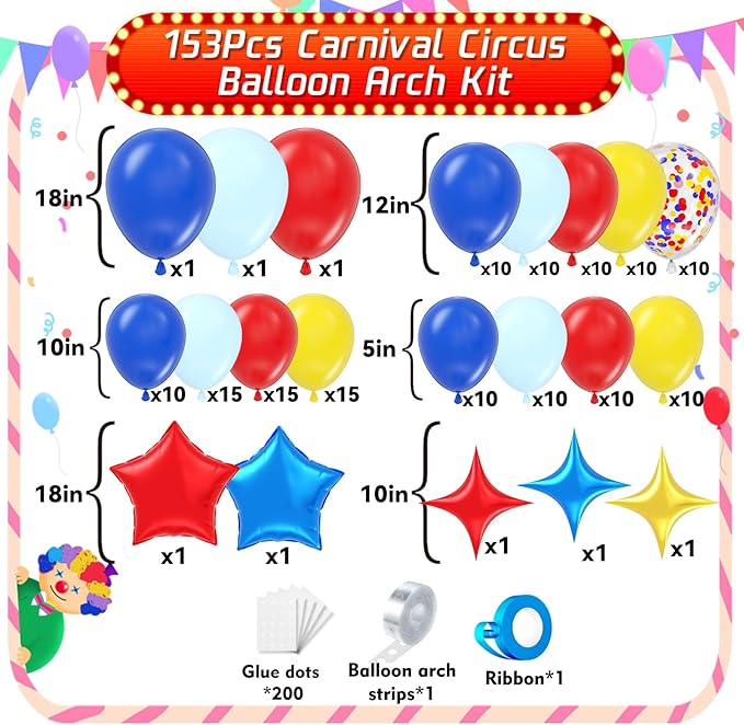 Carnival Circus Balloon Garland Arch Kit 153pcs with Star, Red Blue Yellow Primary Color Balloons Rainbow Multicolor Confetti Balloons for Birthday Circus Theme Carnival Party Theme Decoration