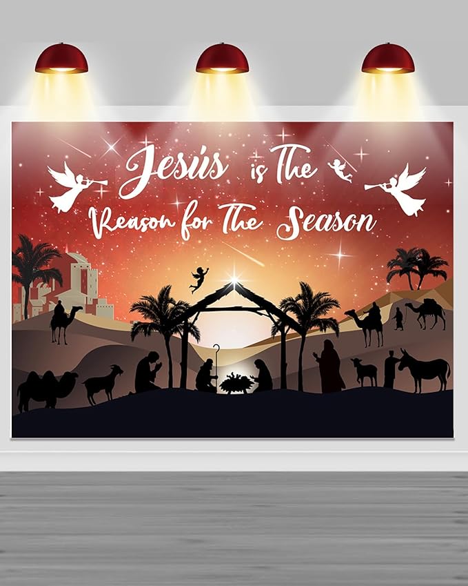 Mocsicka Christmas Nativity Backdrop Blue Large Merry Christams Party Decorations Banner Xmas Christmas Jesus is The Reason for The Season Background Photo Booth (Red, 12x10ft(144"x120"))