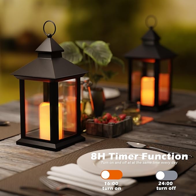 14" Lanterns Decorative Indoor/Outdoor, 2 Pack Black Lantern Decor with Timer Candle, Waterproof Battery Operated Outdoor Lanterns, Vintage Hanging Lanterns for Patio, Porch, Entryway, Centerpieces