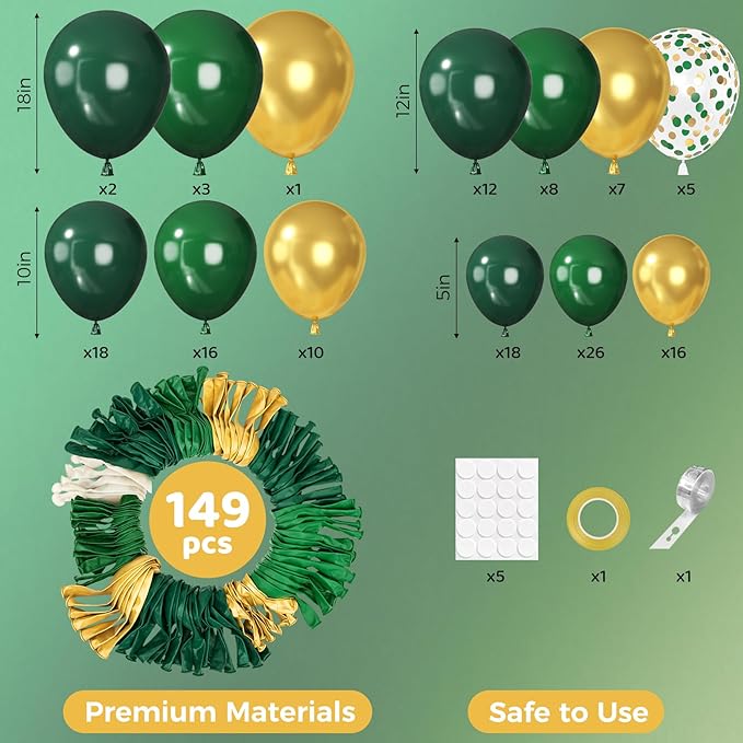 Ouddy Party 149Pcs Green and Gold Balloon Garland Kit Different Sizes 18 12 10 5Inch, 6Pcs 18” Metallic Green Gold Confetti for Graduation Balloons Class of 2026 Decorations Birthday Party Decor