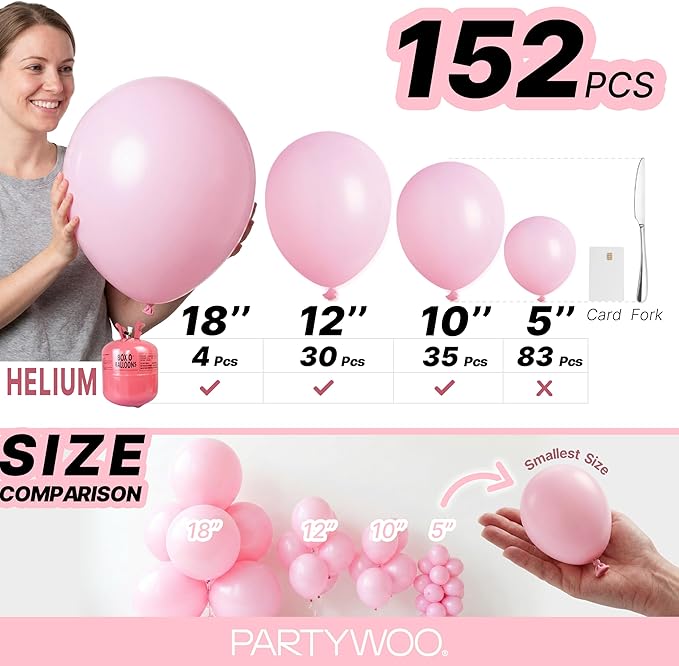 PartyWoo Baby Pink Balloons 152 pcs Different Sizes of 18 12 10 5 Inch Pastel Pale Light Pink Balloons Arch Kit Garland for Baby Shower Gender Reveal Birthday Princess Party Decorations Pink-Q05