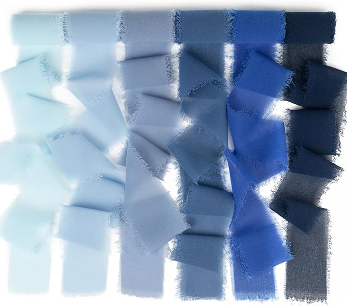 Handmade Fringe Chiffon Silk Ribbon - 1.5 Inch x 3Yd, Multi-Blue (Baby, French, Dusty, Dark, Royal, Navy) for Wedding Invitation, Flower Bouquets, Gift Wrapping, Baby Shower