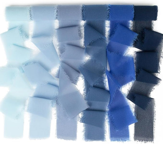 Handmade Fringe Chiffon Silk Ribbon - 1.5 Inch x 3Yd, Multi-Blue (Baby, French, Dusty, Dark, Royal, Navy) for Wedding Invitation, Flower Bouquets, Gift Wrapping, Baby Shower