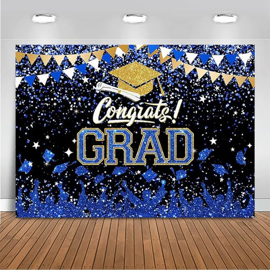 Mocsicka Graduation Party Decorations 2026 Congrats Grad Backdrops for Photography Bachelor Cap Congratulations Grad Photo Backdrop Graduation Prom Party Supplie (Blue and Gold, 10x8ft(120x96 inch))