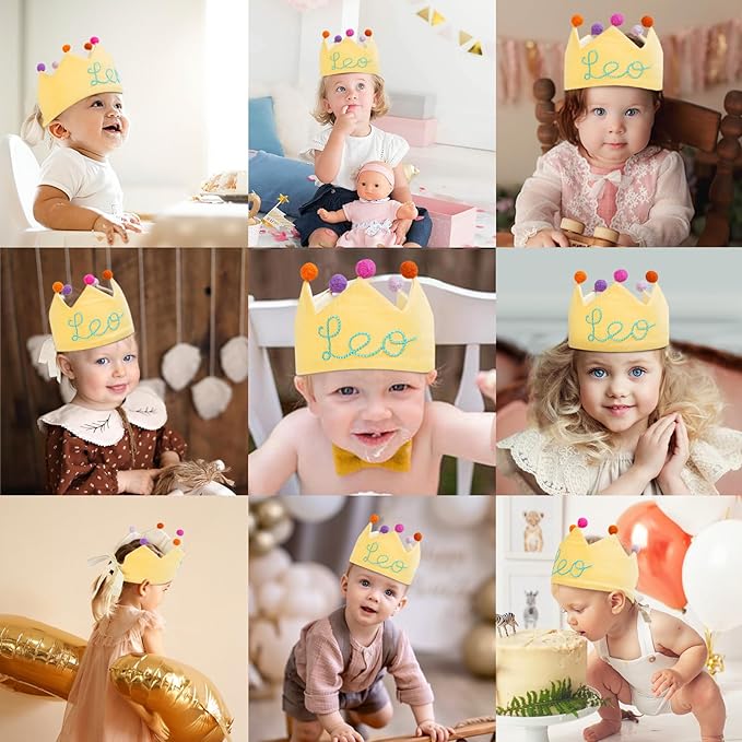 Personalized Hand Embroidered Crown Custom 1st First Birthday Crown Hats For Baby Kid Birthdays Fit All Ages