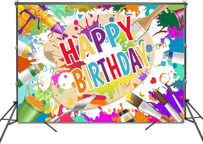 Mocsicka Art Paint Happy Birthday Backdrop Banner Painting Themeed Birthday Party Decorations Sip and Paint Happy Birthday Background for Photography (Colorful, 10x7ft(120"x82"))