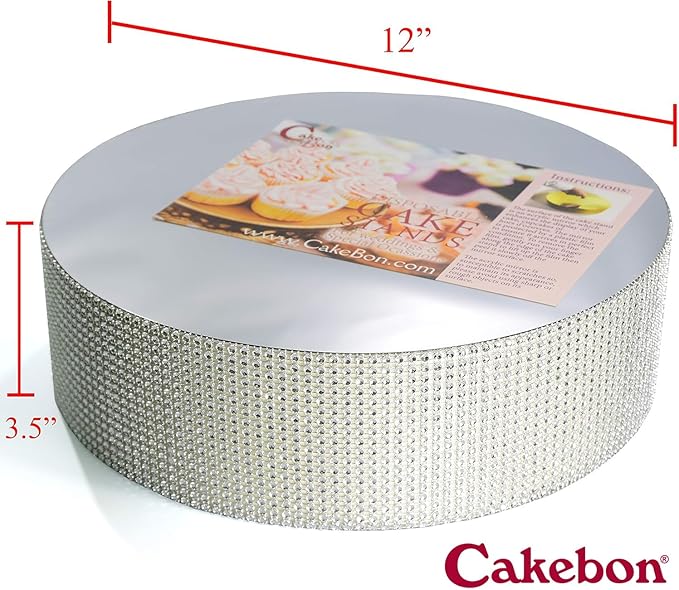 Cakebon Cake Stands - 12" Silver with Faux Rhinestones for Cakes and Pastries - Lightweight Polystyrene Foam for Party, Sturdy Wedding Cake Stand
