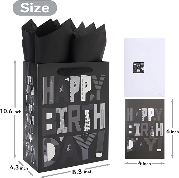 wishinside 2-Pack 10.6” Medium Black Happy Birthday Gift Bag Set with Greeting Cards and Tissue Papers for Men Boys Kids Teens, Cartoon Birthday Design, 2 Pcs
