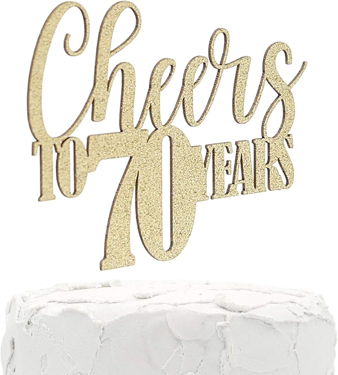 70th Birthday Cake Topper - Cheers to 70 years - Double Sided Gold Glitter, Premium quality Made in USA