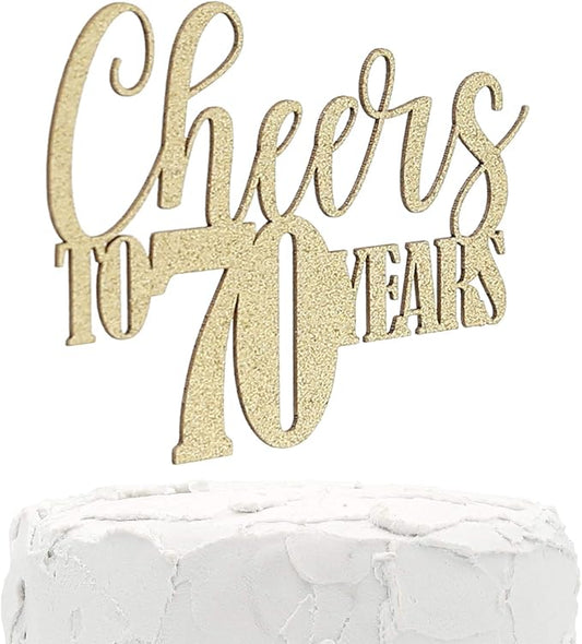 70th Birthday Cake Topper - Cheers to 70 years - Double Sided Gold Glitter, Premium quality Made in USA