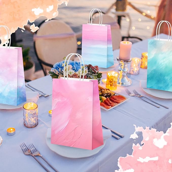Humyoun 24 Pcs Pastel Gift Bags Paper Goodies Bags with Handles Watercolor Tie-Dye Candy Treat Gifts Wrapping for Baby Shower Wedding Birthday Party Supplies