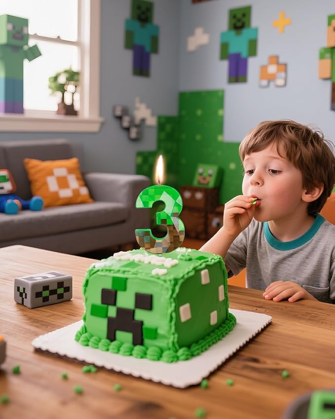Pixel Birthday Candle, 2.68 Inch Miner Number Candles, Game Themed Candle Birthday Decoration for Pixel Theme Birthday Anniversary Dynamite Video Game Party (Green, 3)