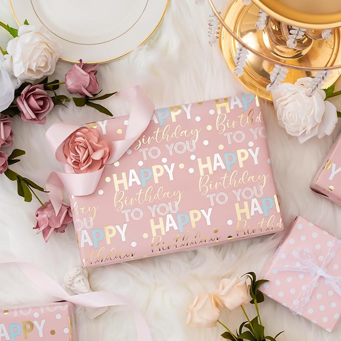 MAYPLUSS Reversible Pink Birthday Wrapping Paper Roll - 17 Inch X 33 Feet - Glitter Happy Birthday Lettering Metallic Foil Paper Girl Gift Wrap w/Polka Dot for Holiday Party Baby Shower Mother's Day