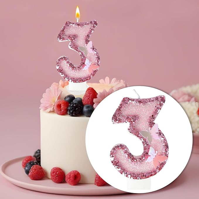 3rd Birthday Candles，Glitter Butterfly Cake Toppers Pink Sequins Wedding Numeral Cupcake Decorations，Suitable for Girl and boy Wedding Cakes, Party Celebrations, Birthday Decorations