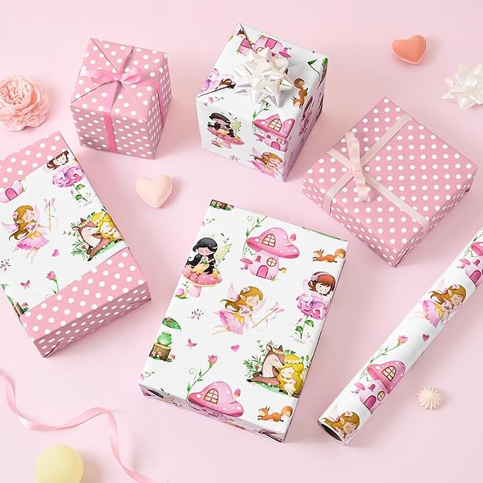 WERNNSAI Fairy Wrapping Paper Roll - 1 Roll 17”x 33 ft Pink Fairy Birthday Wrapping Paper for Girls Reversible Gift Wrap with Polka Dot Design for Birthday Baby Shower Party Favor