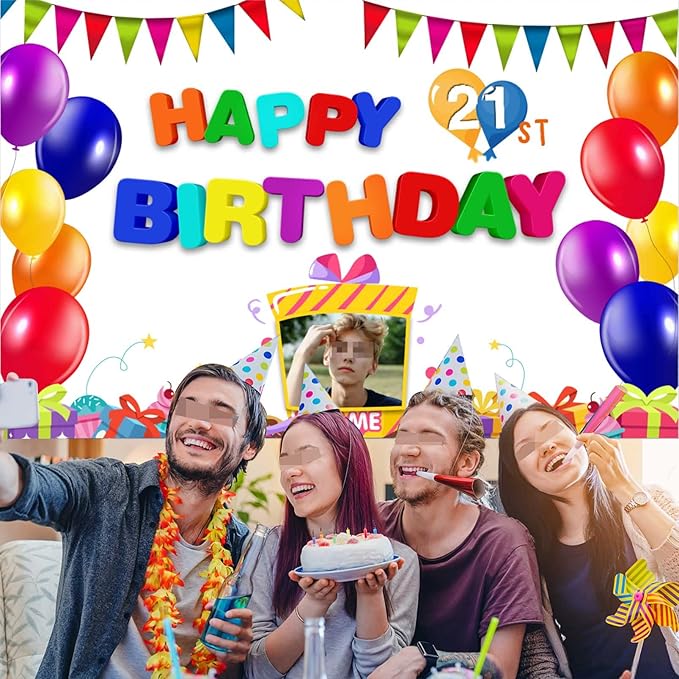 Custom Colorful Happy 21st Birthday Decoration Banner - Personalized with Photos and Names