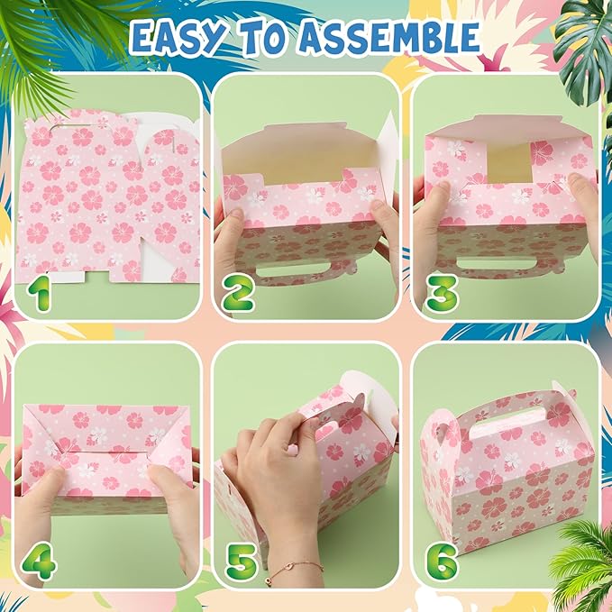 Marspark 12 Pack Hawaiian Themed Cartoon Birthday Party Supplies, Paper Gift Boxes, Cartoon Candy Treat Boxes for Birthday Party Decorations(Flower Pattern)