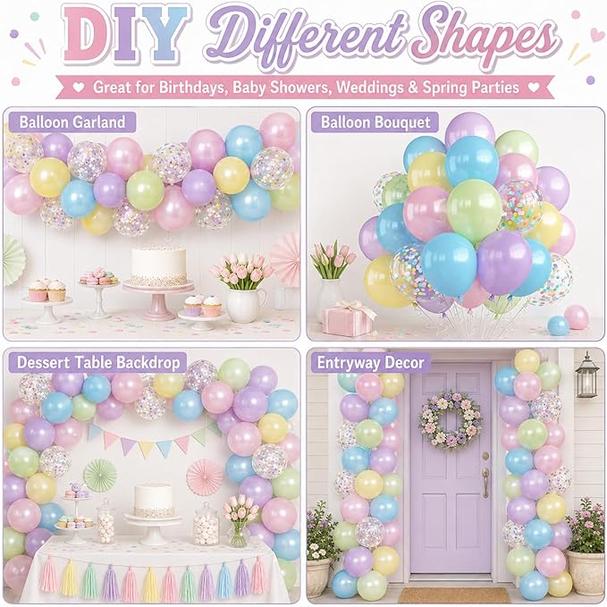 Pastel Balloons, 60Pcs Colorful Balloon, 12 Inch Latex Pearl Yellow Purple Pink Blue Green Multicolor Confetti Balloons Helium for Kids Baby Shower Birthday Wedding Easter Pastel Party Decorations