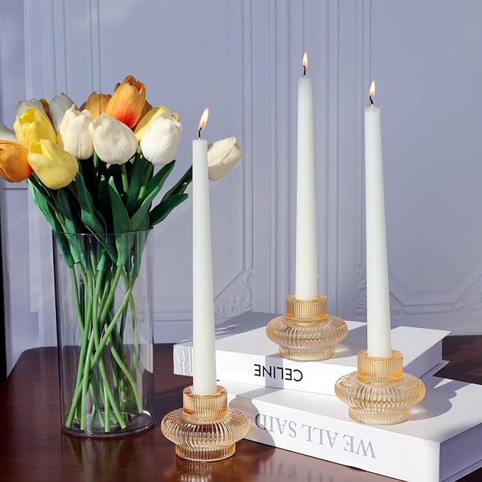 VOHO 12pcs Champagne Gold Candlestick Holders for Fall Table Centerpieces, Gold Candle Holders for Tealight Taper Candles, Vintage Ribbed Taper Candle Holders for Thanksgiving Christmas Holiday Decor