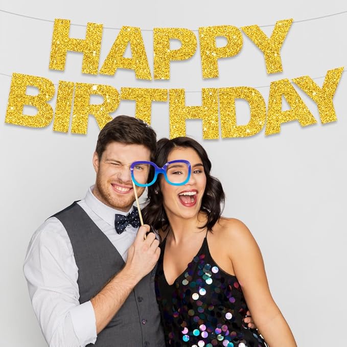 BEISHIDA Happy Birthday Banner - Pre-Strung No DIY Birthday Decorations - Happy Birthday Sign - Birthday Banner for Women, Kids - Backdrop Gold