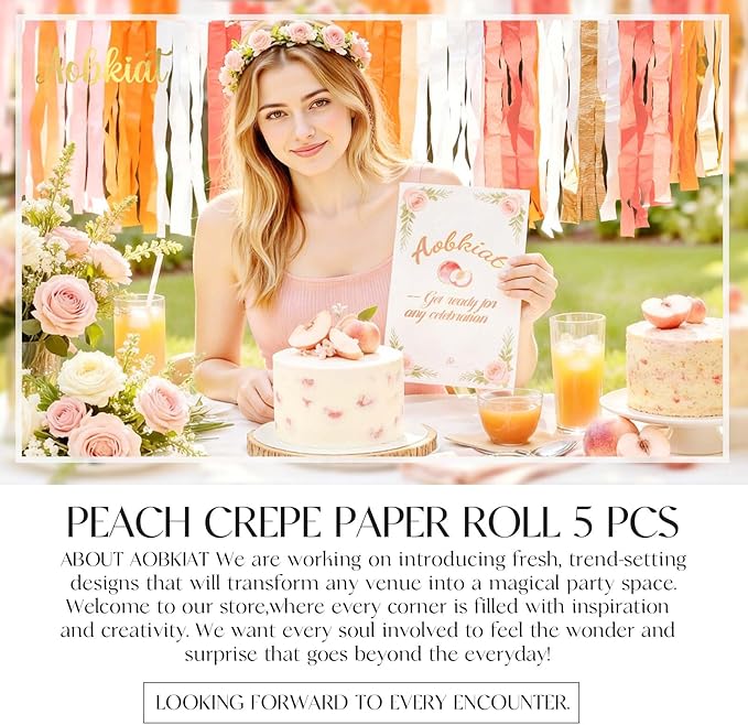 AOBKIAT Streamers Party Decorations,5 Rolls Pastel Pink Gold Orange Crepe Paper Streamers for Little Cutie Baby Shower,Brithday,Wedding,Peach Theme Party,DIY Tassel,1.8 Inch x 82 Ft/Roll