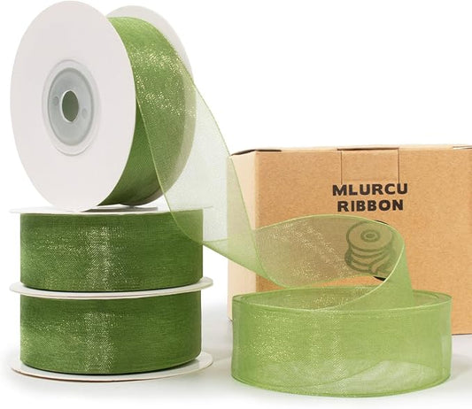 Sage Green Organza Ribbon - 1 Inch x 75 Yds, Light Green, Clear, Chiffon, Tulle for Gift Wrapping, Christmas, Wedding, Invitations, Wreaths, Bows, Crafts