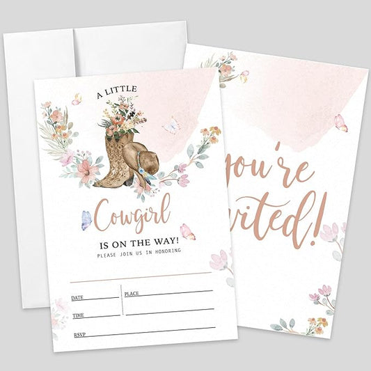 AEHIE 20 Sets Baby Shower Shaped Fill-In Invitations With Envelopes, A Little Is On The Way Party Invitations Invite Cards for Baby Girls West, Western Newborn Invites
