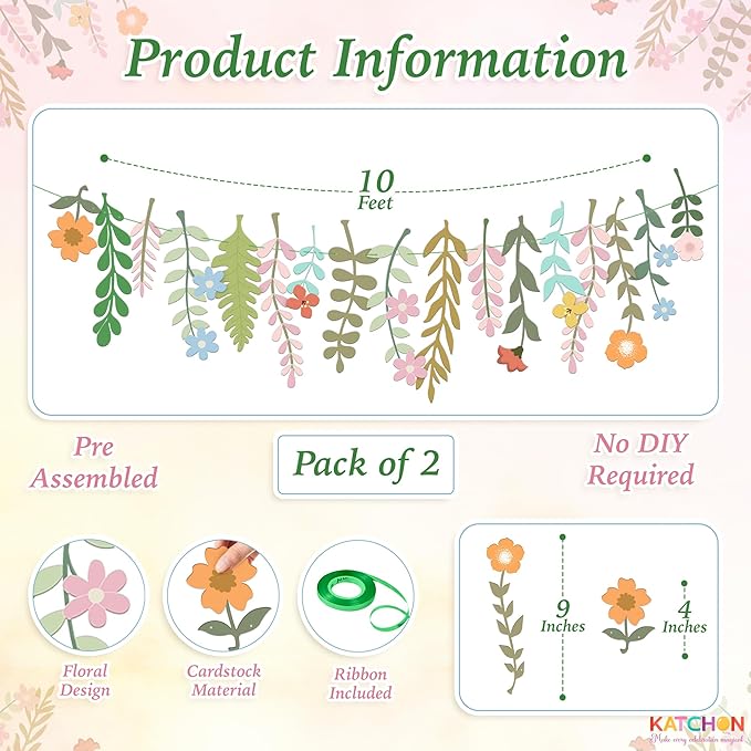 KatchOn, Pastel Flower Banner Garland - 6.5 Feet, Pack of 2 | Cheerland Flower Banner | Wildflower Garland Floral for Wedding, Wild One Bloom Baby Shower, Birthday | Wildflower Party Decorations